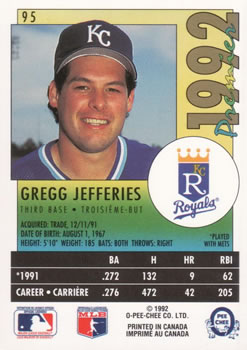 1992 O-Pee-Chee Premier #95 Gregg Jefferies Back