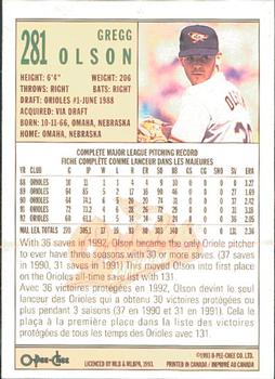 1993 O-Pee-Chee #281 Gregg Olson Back