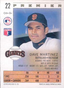 1993 O-Pee-Chee Premier #22 Dave Martinez Back