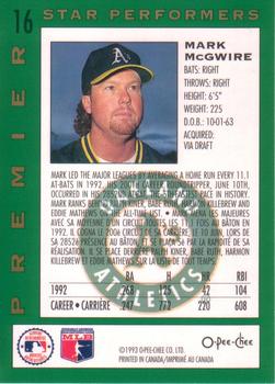 1993 O-Pee-Chee Premier - Star Performers #16 Mark McGwire Back