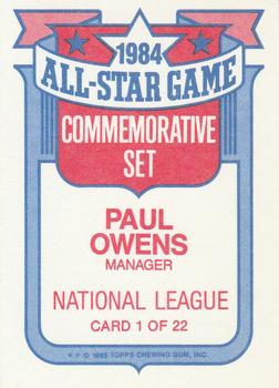 1985 Topps - Glossy All-Stars #1 Paul Owens Back