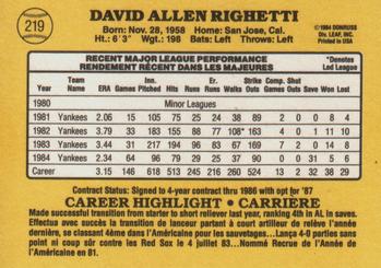 1985 Leaf #219 Dave Righetti Back