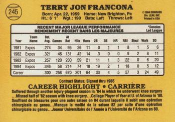 1985 Leaf #245 Terry Francona Back