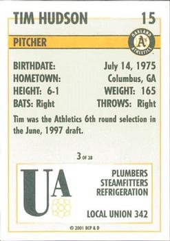 2001 Plumbers Union Oakland Athletics #3 Tim Hudson Back