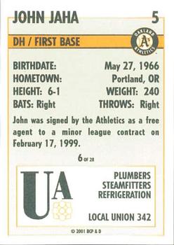 2001 Plumbers Union Oakland Athletics #6 John Jaha Back
