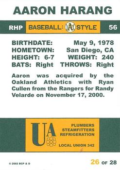 2002 Plumbers Union Oakland Athletics #26 Aaron Harang Back