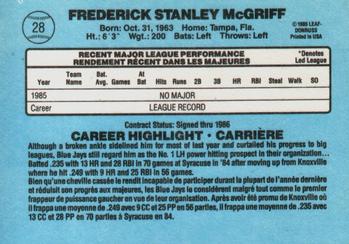 1986 Leaf #28 Fred McGriff Back
