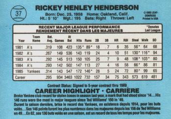 1986 Leaf #37 Rickey Henderson Back
