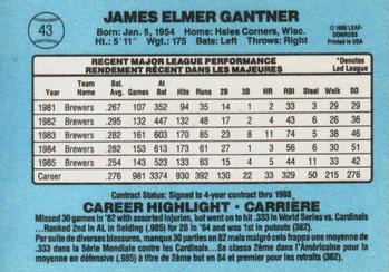 1986 Leaf #43 Jim Gantner Back