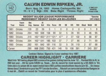 1986 Leaf #142 Cal Ripken Jr. Back