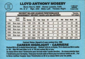 1986 Leaf #72 Lloyd Moseby Back