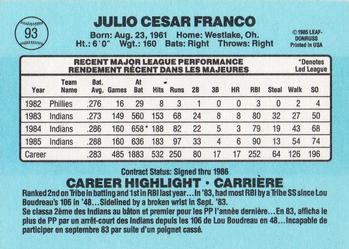 1986 Leaf #93 Julio Franco Back