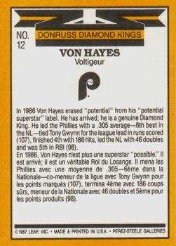 1987 Leaf #12 Von Hayes Back