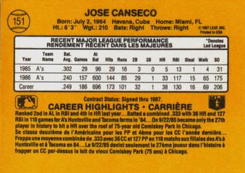 1987 Leaf #151 Jose Canseco Back