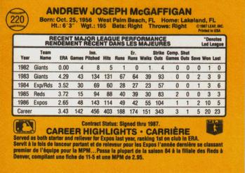 1987 Leaf #220 Andy McGaffigan Back