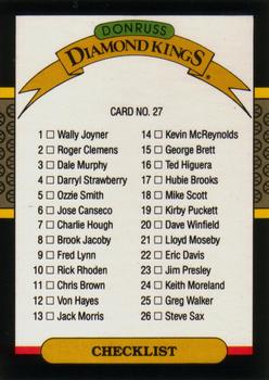 1987 Leaf #27 Diamond Kings Checklist: 1-26 Front