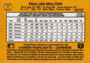 1987 Leaf #71 Paul Molitor Back
