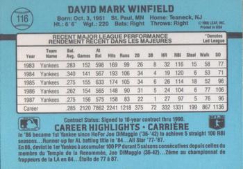 1988 Leaf #116 Dave Winfield Back