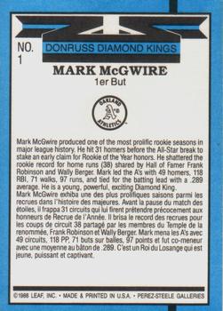 1988 Leaf #1 Mark McGwire Back