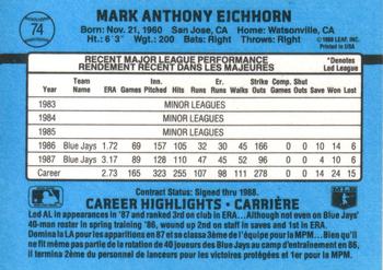 1988 Leaf #74 Mark Eichhorn Back