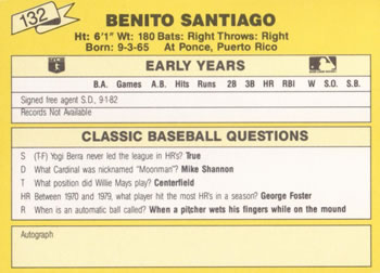 1987 Classic Update Yellow #132 Benito Santiago Back