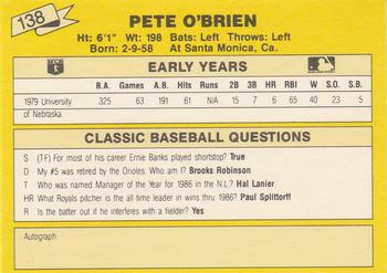 1987 Classic Update Yellow #138 Pete O'Brien Back