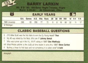 1987 Classic Update Yellow/Green Backs #133 Barry Larkin Back
