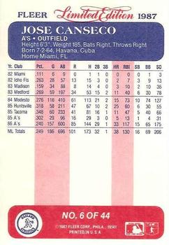 1987 Fleer Limited Edition #6 Jose Canseco Back