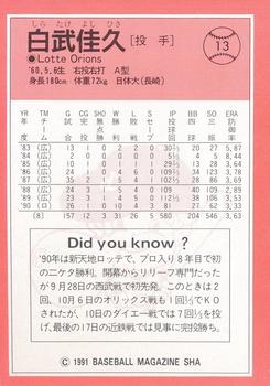 1991 BBM #13 Yoshihisa Shiratake Back