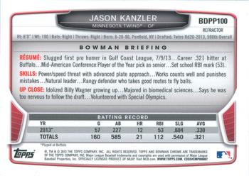 2013 Bowman Draft Picks & Prospects - Chrome Draft Picks Refractors #BDPP100 Jason Kanzler Back