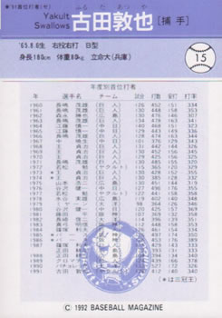 1992 BBM #15 Atsuya Furuta Back