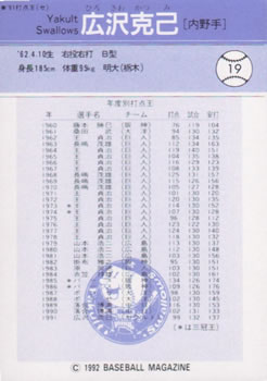 1992 BBM #19 Katsumi Hirosawa Back
