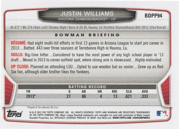 2013 Bowman Draft Picks & Prospects - Draft Picks #BDPP94 Justin Williams Back