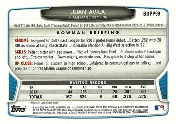 2013 Bowman Draft Picks & Prospects - Draft Picks #BDPP99 Juan Avila Back