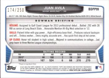 2013 Bowman Draft Picks & Prospects - Draft Picks Orange #BDPP99 Juan Avila Back