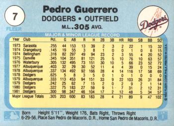 1982 Fleer #7 Pedro Guerrero Back