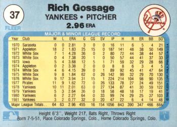 1982 Fleer #37 Rich Gossage Back