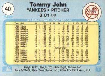 1982 Fleer #40 Tommy John Back