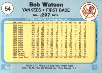 1982 Fleer #54 Bob Watson Back