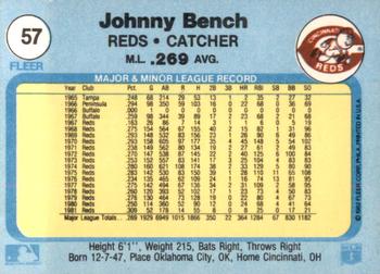 1982 Fleer #57 Johnny Bench Back
