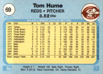 1982 Fleer #69 Tom Hume Back