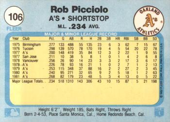 1982 Fleer #106 Rob Picciolo Back