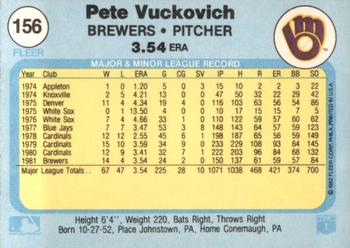 1982 Fleer #156 Pete Vuckovich Back