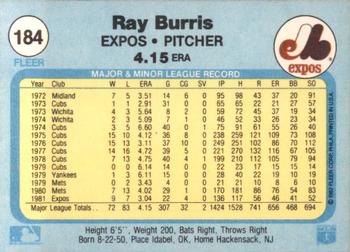 1982 Fleer #184 Ray Burris Back