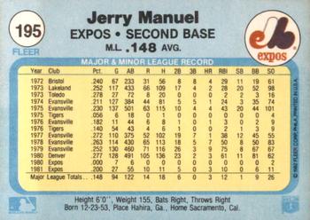 1982 Fleer #195 Jerry Manuel Back
