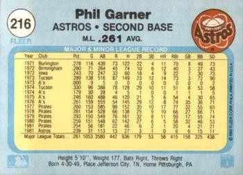 1982 Fleer #216 Phil Garner Back