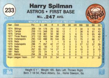 1982 Fleer #233 Harry Spilman Back