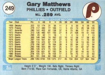 1982 Fleer #249 Gary Matthews Back