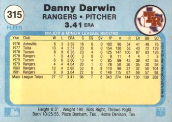 1982 Fleer #315 Danny Darwin Back