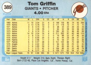 1982 Fleer #389 Tom Griffin Back